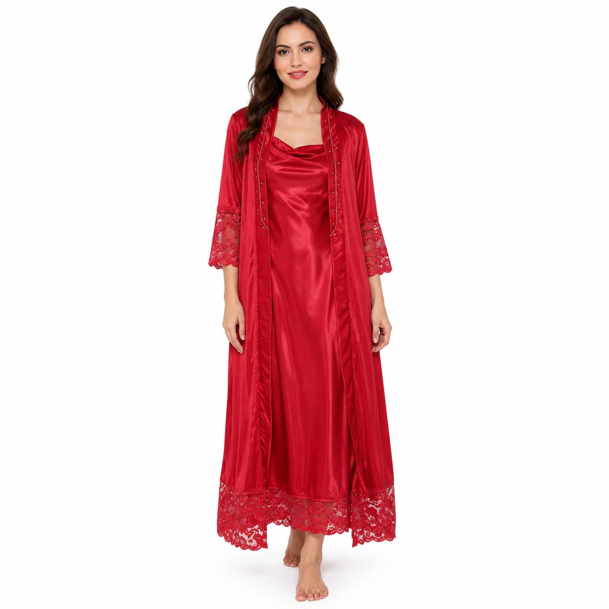 Soft Satin Nightdress Swarvoski Crystals Work Women Nighty with Lace & Robe-image-10