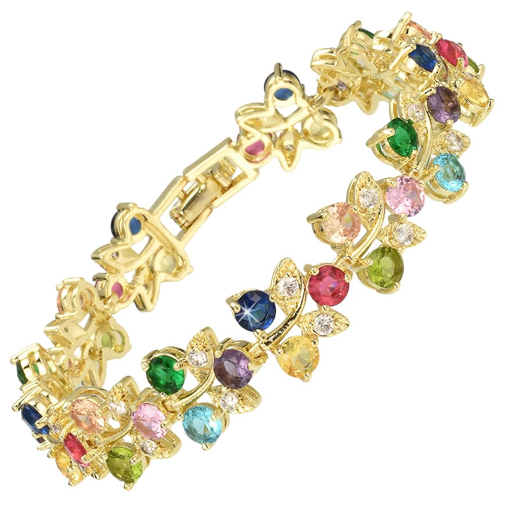 Blossom Tennis Bracelet for Women – 7" Round Cut Multicolor Cubic Zirconia CZ in Gold Plated, Fashion Jewelry Gift