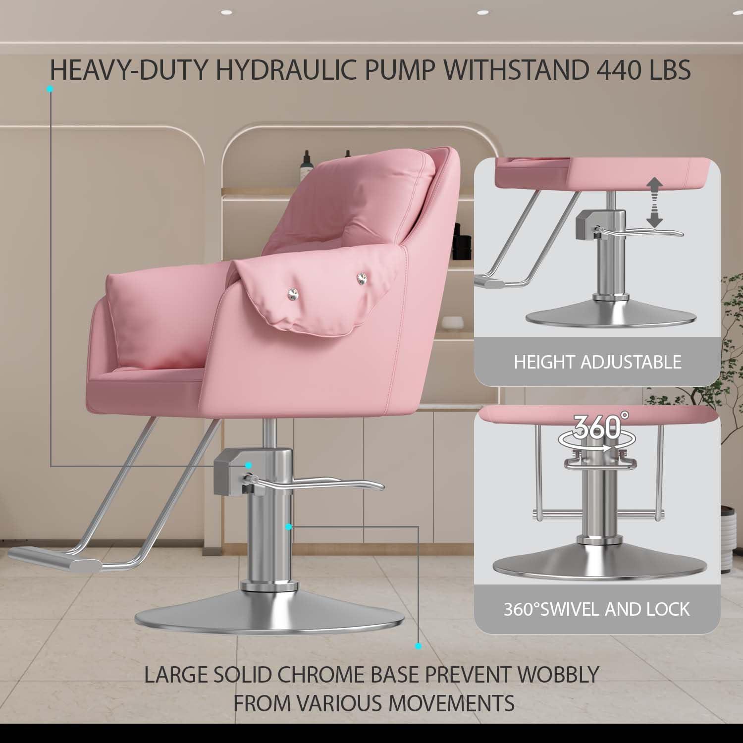 Salon Chair, Barber Chair with Hydraulic Pump Adjustable Height Salon Equipment for Hair Stylist,360 Degrees Rolling Swivel Comfortable Cushion Styling Chair for Barbershop, Pink