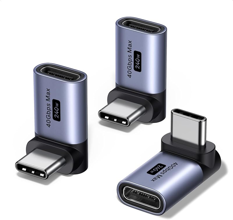 90 Degree USB C Adapter 3 Pack, Right Angle Male to Female Converter | 40Gbps, 240W, 8K 60Hz, Compatible for Steam Deck, ROG Ally, Switch 2, MacBook, iPhone 17/16, iPad, Thunderbolt 4, Quest 3