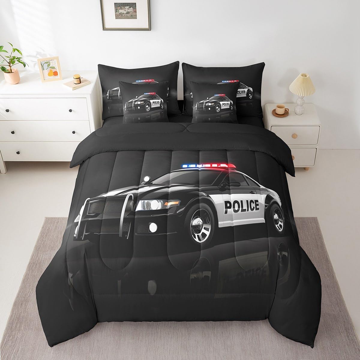 Feelyou Full Comforter Set 7 Pcs Kids Car Bedding Set Boys Police Car Bed in a Bag for Kids Boys Girls Teens Vehicle Print Decor Comforter Black Bed Set with Sheets, Pillowcases, Pillow Covers