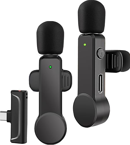 Paquete de 2 micrófonos Lavalier USB C Wireless Lav Mic para teléfono Android, cancelación de ruido, mini micrófono de solapa tipo C para Samsung