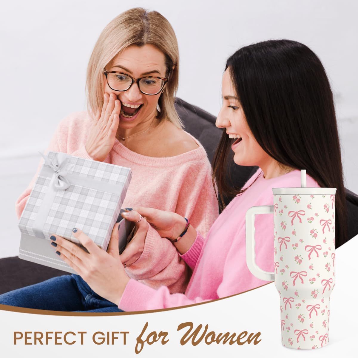 SANDJEST Bow Tumbler with Handle 40oz, Stainless Steel Insulated Tumblers Coffee Travel Cup with Slider Straw Lid, Gifts for Women Teen Girls Birthday - Image 8