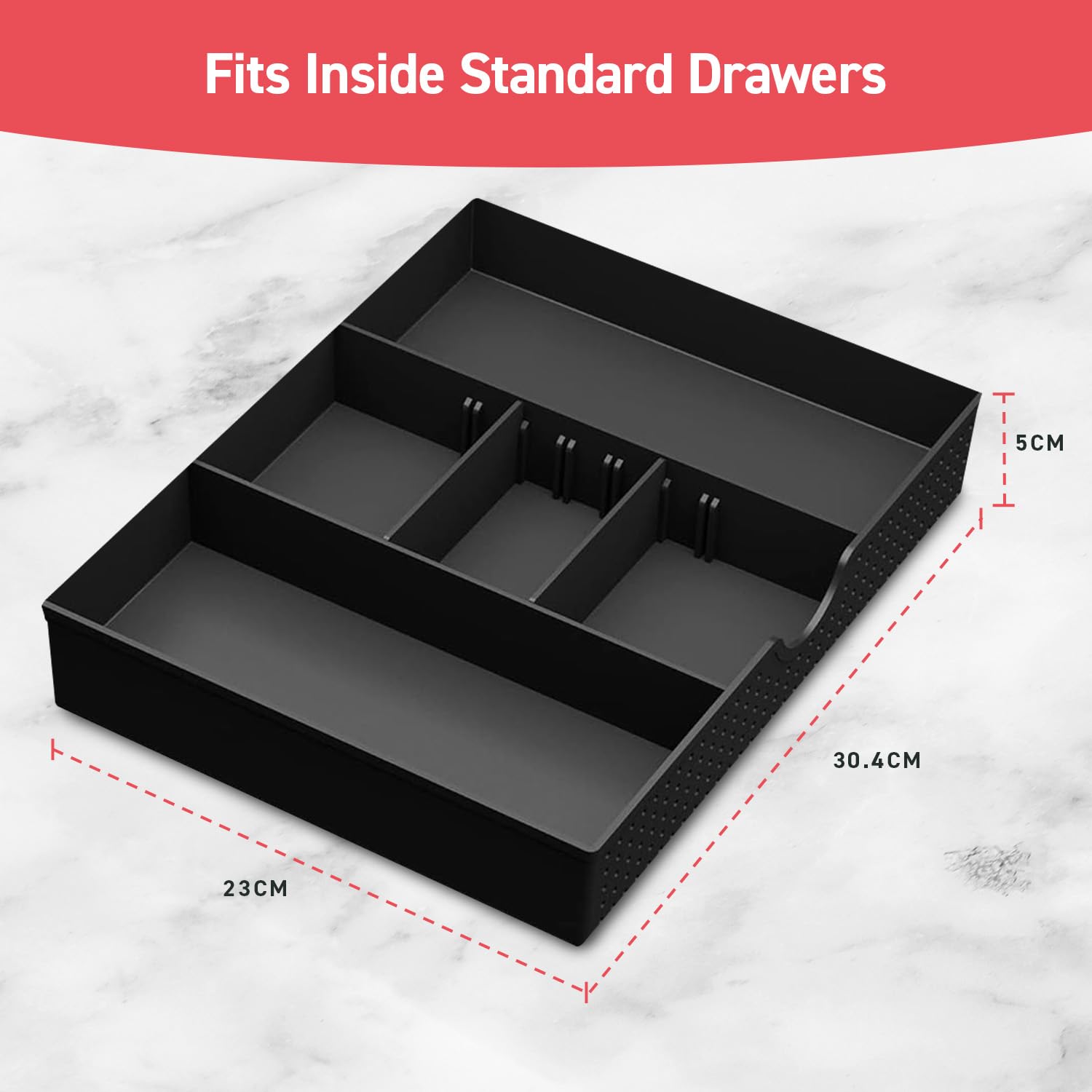 Amtido - Organizer per scrivania con cassetto e accessori per cancelleria da ufficio – 3 scomparti con 2 divisori regolabili – nero – 2 pezzi