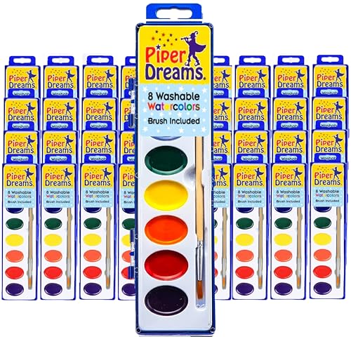36 Pack of Watercolor Paint Sets for Kids - Quality Wood Brush - Washable - Nontoxic - 8 Vibrant Colors - Closable Lid