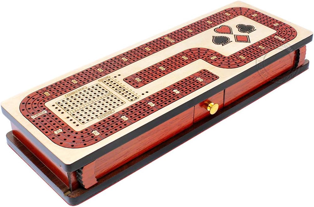 House of Cribbage - Continuous Cribbage Board/Box Inlaid in Maple/Blood Wood: 4 Track - Cards and Pegs Storage Drawer with Score Marking Fields for Skunks, Corners and Won Games