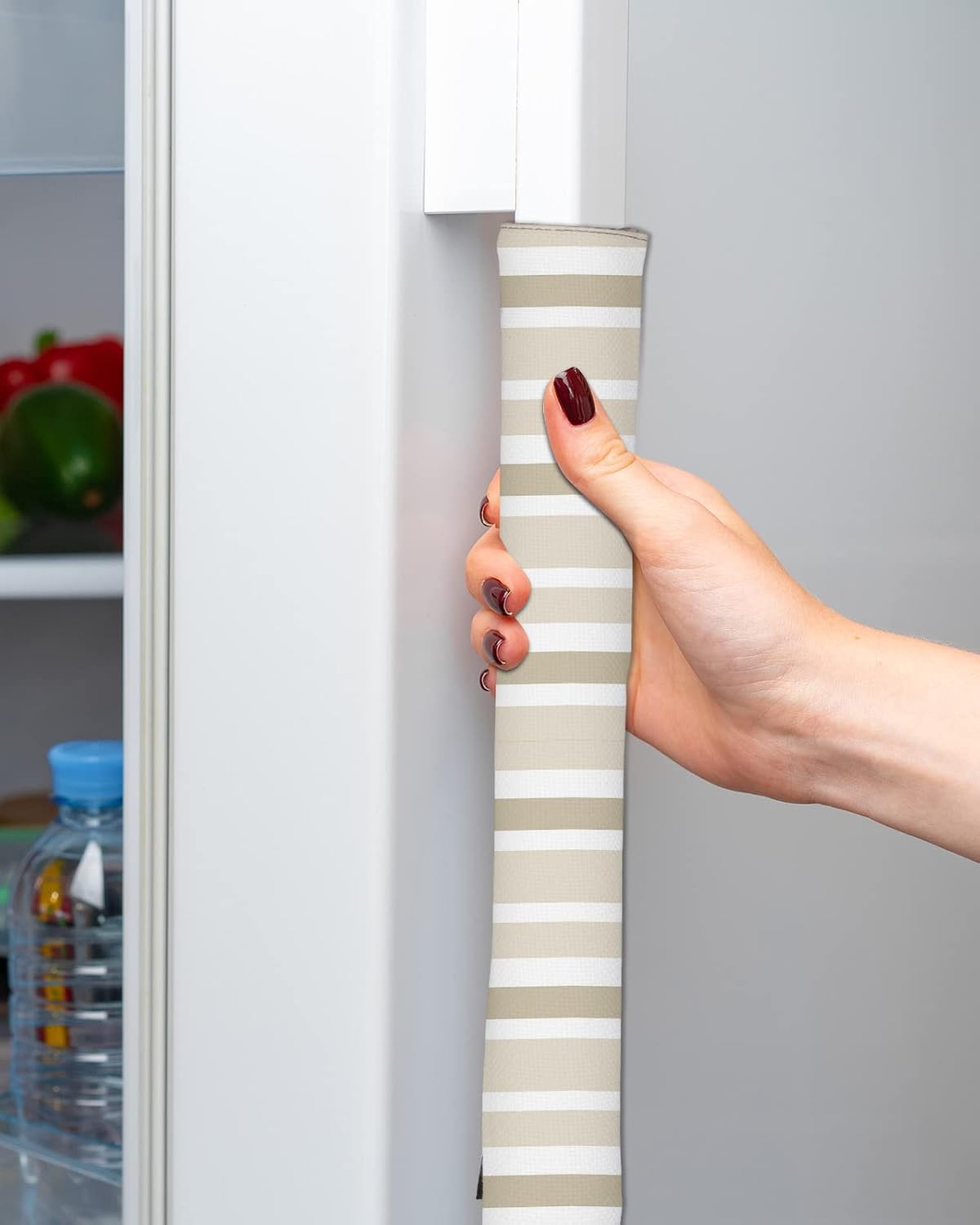 Beige Brown White Color Stripes Refrigerator Door Handle Covers Set of 2, Keep Kitchen Appliance Clean from Smudges, Fingerprint, Drips, Cream-Colored Pattern Decor Protector for Fridge