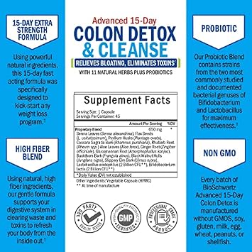 Colon Cleanser and Detox for Digestive Support - 15 Day Fast-Acting Extra Strength Cleanse with Probiotic Fiber, Psyllium Husk and Noni for Constipation Relief and Bloating Support, Non-GMO, 45 Count
