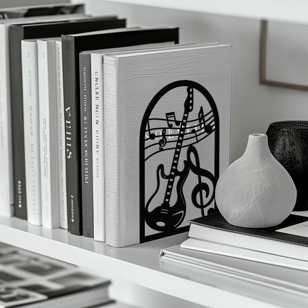 Peacoblue Fermacarte In Metallo Blu Pavone per Scaffali Decorativi, Moderne Creativo Ferma-Libri Resistente per Scrivania Scaffale, Coppia (Chitarra e Nota Musicale)