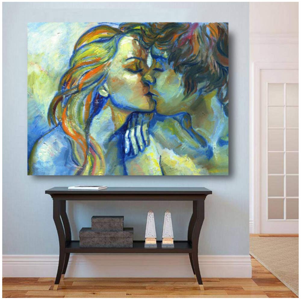 HYFBH Una giovane coppia innamorata Dolce bacio HD Tela Quadri dipinti ad olio Stampe Poster Immagini per pareti per la decorazione domestica Soggiorno 40x60cm (15.7 "x23.6) Con cornice