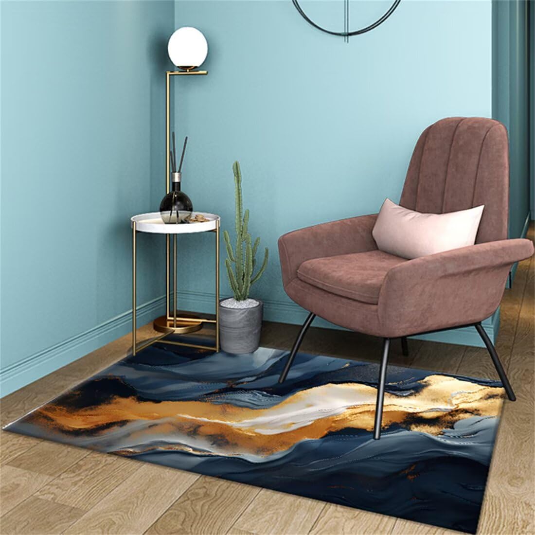 Tapis de chambre moderne jaune et bleu pour créer une ambiance cozy