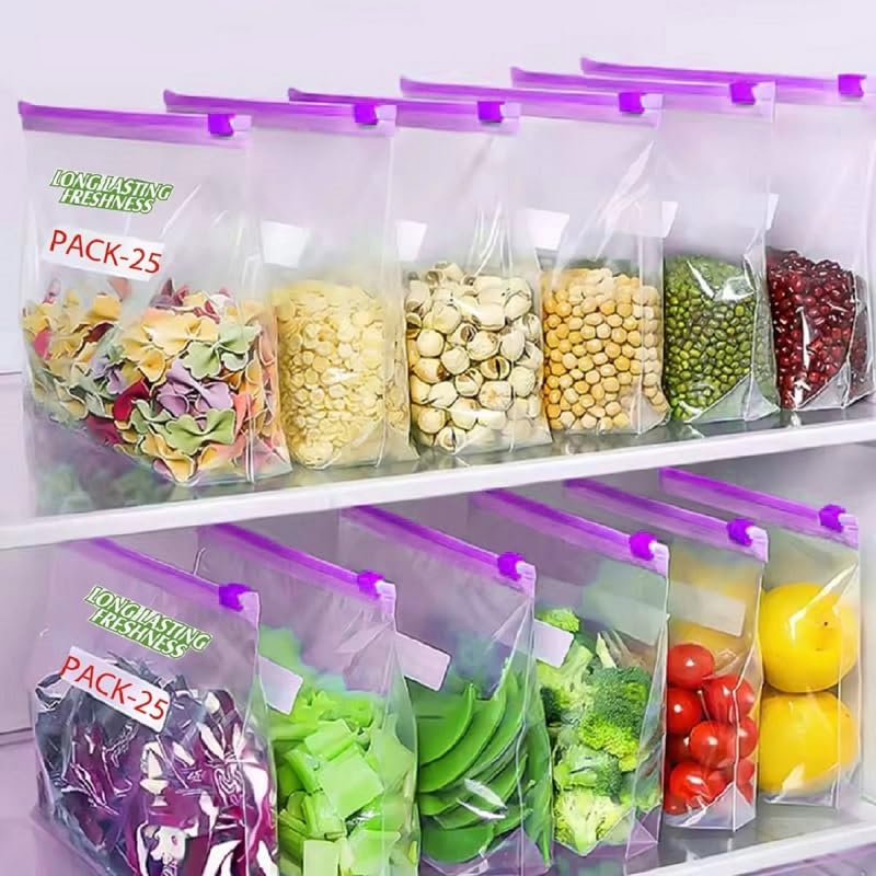 ZUCLLSPA Zip Lock Bags For Food Storage Bpa Free, Reusable & Reclosable Ziplock Pouch Vegetable Bag, Multipurpose Zip Lock Plastic Bags For Fridge Food Cover, Pink (Pack Of 25)- Ur-855-image-27