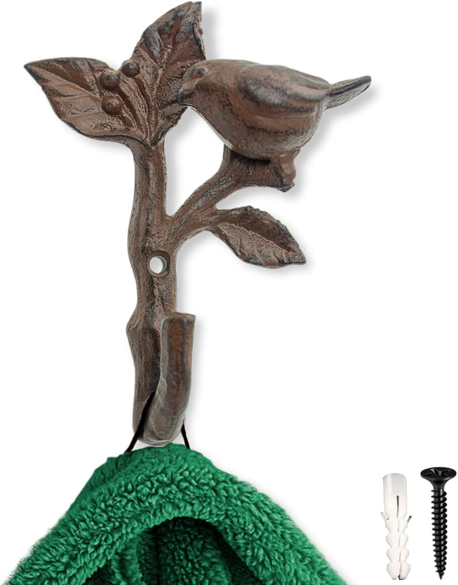 Comfify Bird On A Branch Single Wall Hook/Hanger - Metal, Heavy Duty, Rustic, Vintage, Recycled, Decorative Gift Idea - 4.75x1.8x6 - with Screws and Anchors (Rust Brown)