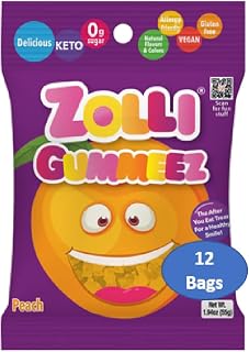 Zollipops Gummies Peach - Delicious Zero Sugar, Allergy-Free, KETO, Vegan Clean Teeth Candy - 12 Packs of 1.94oz for a Peachy and Dental-Friendly Snacking Experience