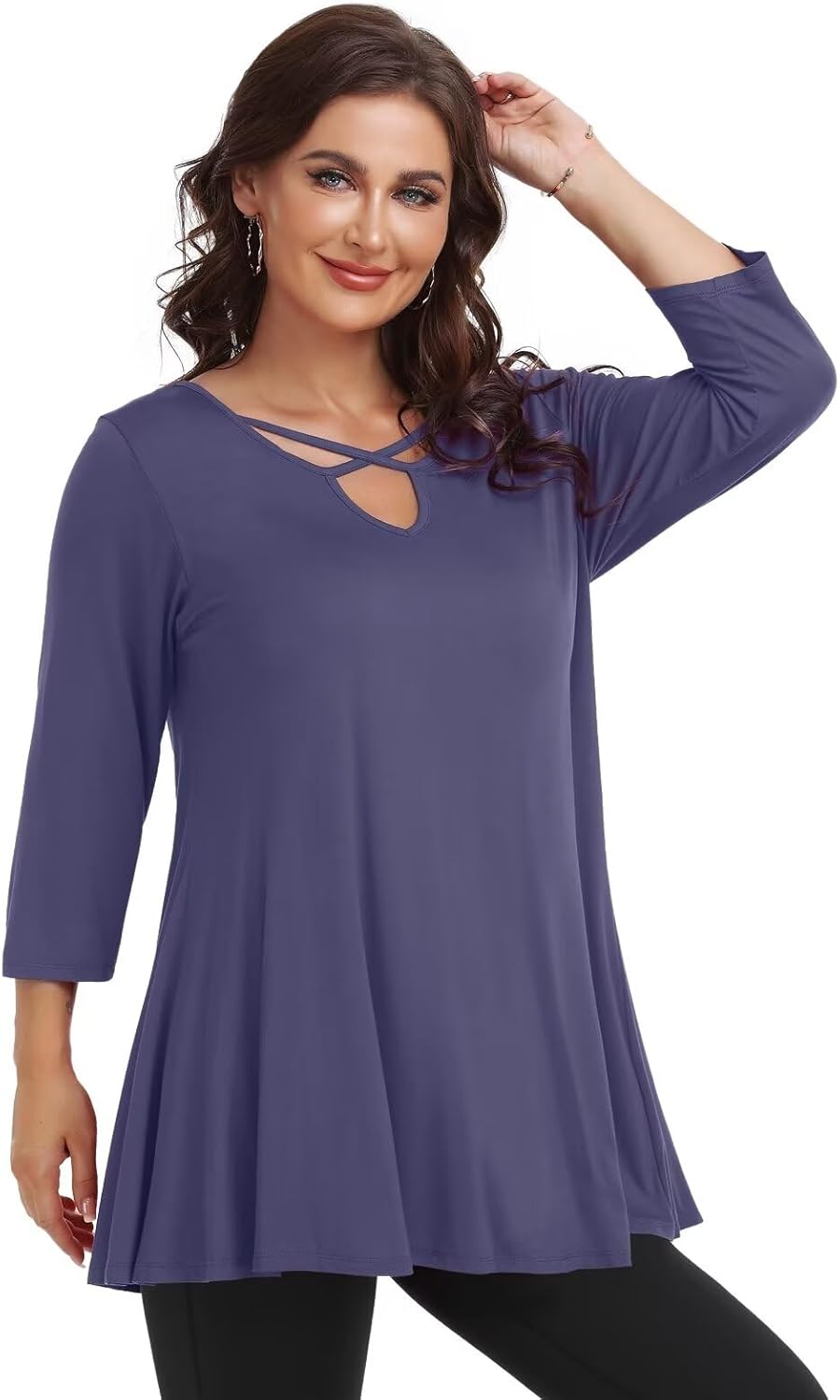 LARACE Plus Size Tops for Women V Neck 3/4 Sleeve Tunic Criss Cross Dress Shirts Casual Fall Blouse for Leggings Grayishpurple - Image 3