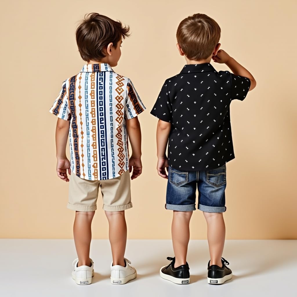 VANI COUTURE Boys Short Sleeve Button Down Shirts, Plaid Pattern, Pack of 2, Brown-Navy and Pink-Blue Check 1