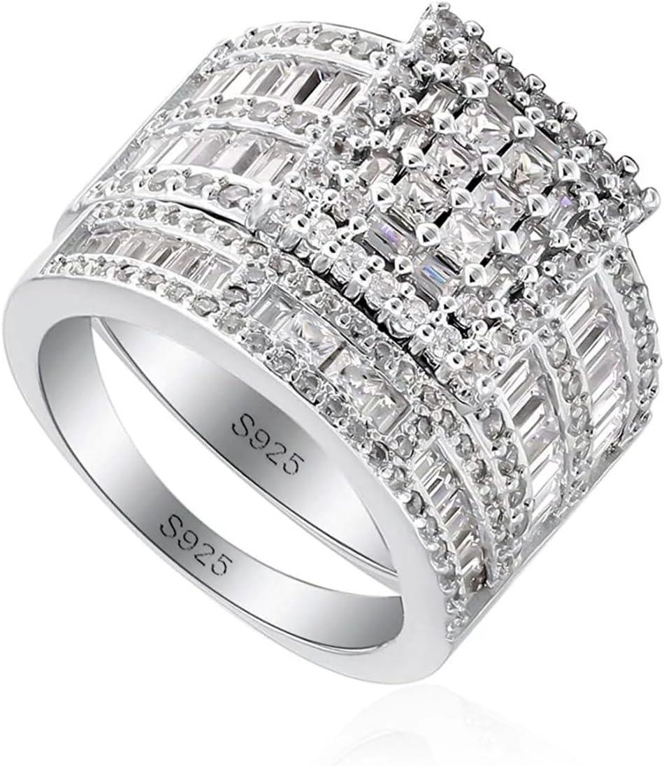 Women Wedding Ring Set White Gold Cubic Zirconia Anniversary Rings Sliver Engagement Rings for Womens Size 6