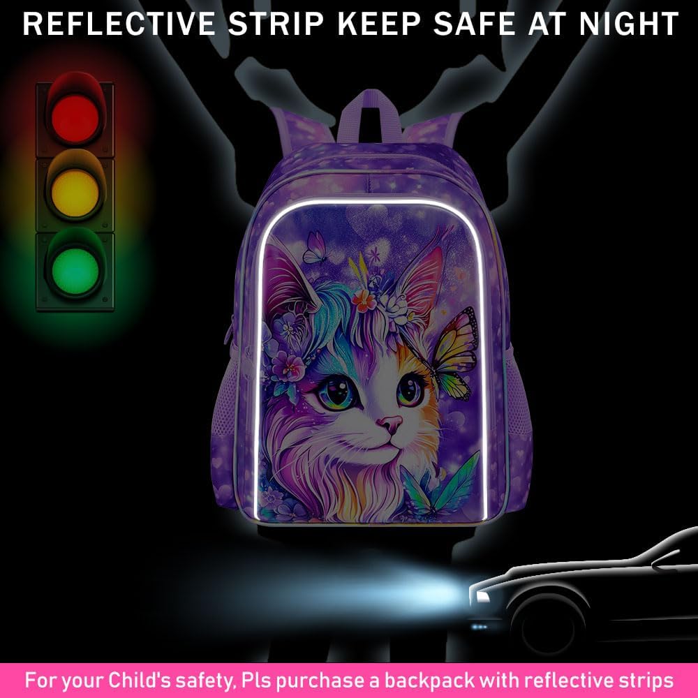 16" Cat Backpack for Girls, 3Pcs Kids School Backpacks with Lunch Box, Bookbag for Elementary Preschool Kindergarten(Purple)