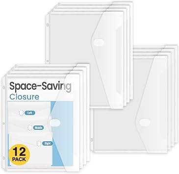 Sooez 12 Pack Binder Folders with Staggered Closures, High Capacity Binder Pockets, Clear Plastic folders, Side Loading, Binder Organizer, Binder Dividers with Pockets, Letter Size
