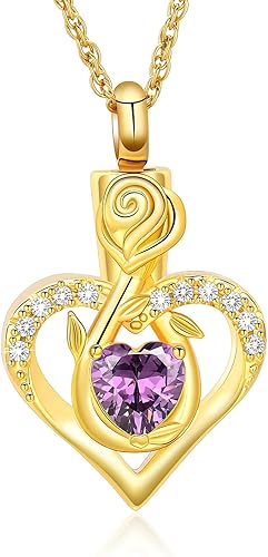 Roseflower - Collar de urna de cremación para cenizas para mujeres, collar conmemorativo con colgante de piedra natal para cenizas de seres queridos