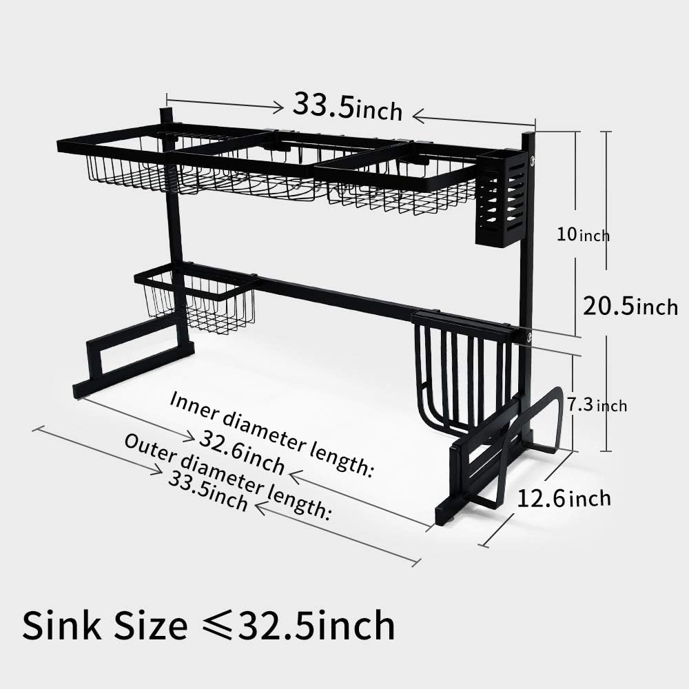 AMAHLE Over The Sink Dish Drying Rack 304 Stainless Steel Dish Drainer Shelf Kitchen Supplies Storage Countertop Space Saver Display Stand Tableware Organizer Utensils Holder Sink Size ≤32.5'' Black