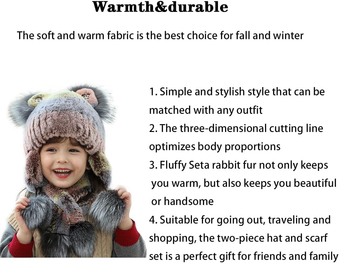 DAISHA Winter Childre's Cute Beanie Hat Scarf Set,Rex Rabbit Fur Neck Warmer Bomber Hat,Christmas and New Year gift.