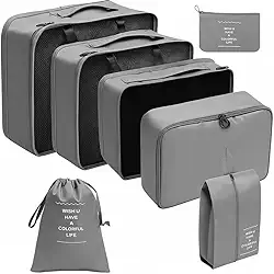 Kit Organizador de Viagem 7 Peças – Necessaire Impermeável para Mala, Roupas e Sapatos – Compacto, Leve e Multiuso (Cinza)