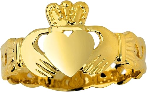 Vista 5 de Anillo de amistad, compromiso o boda de Claddagh de oro amarillo de 10 quilates con banda de nudo Trinity, talla 5-12, Metal