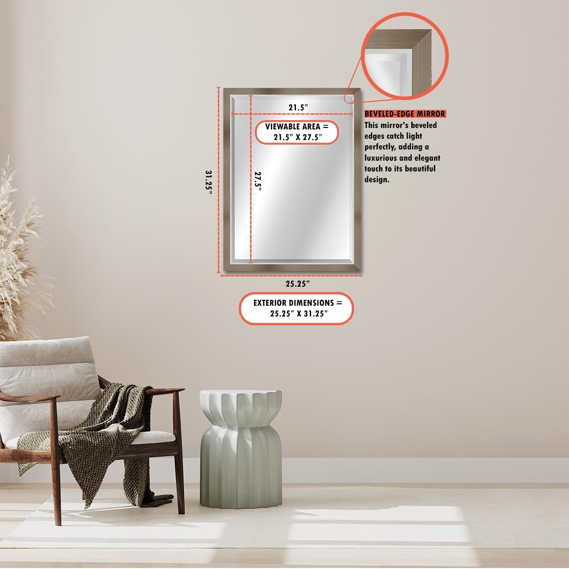 Craig Frames Wall Mirror for Bathroom, Living Room, Vanity, Horizontal or Vertical Wall Hanging, Gray and Silver, 22x28 Inch