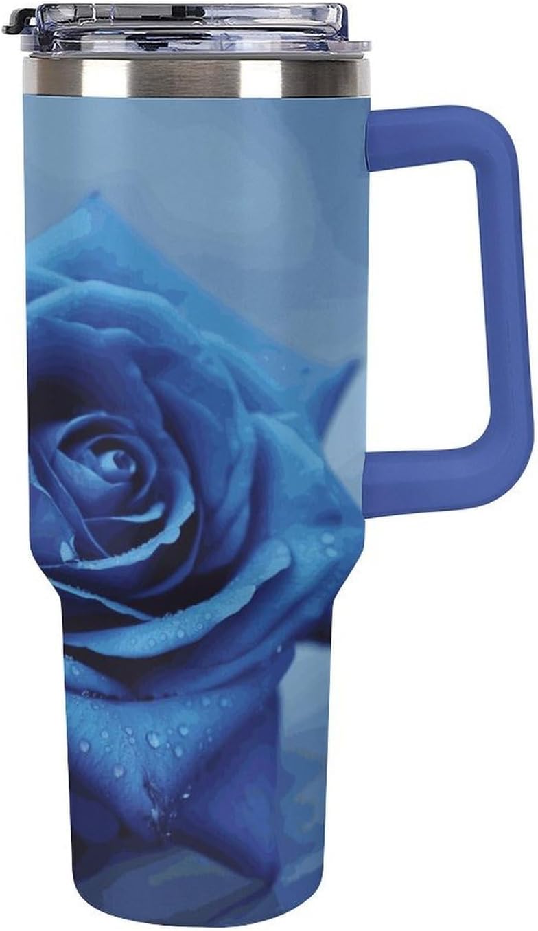 40 Oz Insulated Mug with Handle, Stainless Steel Romantic Blue Rose Printed Travel Mug Portable Leak-proof Large Car Mug for Home, Office Or Car