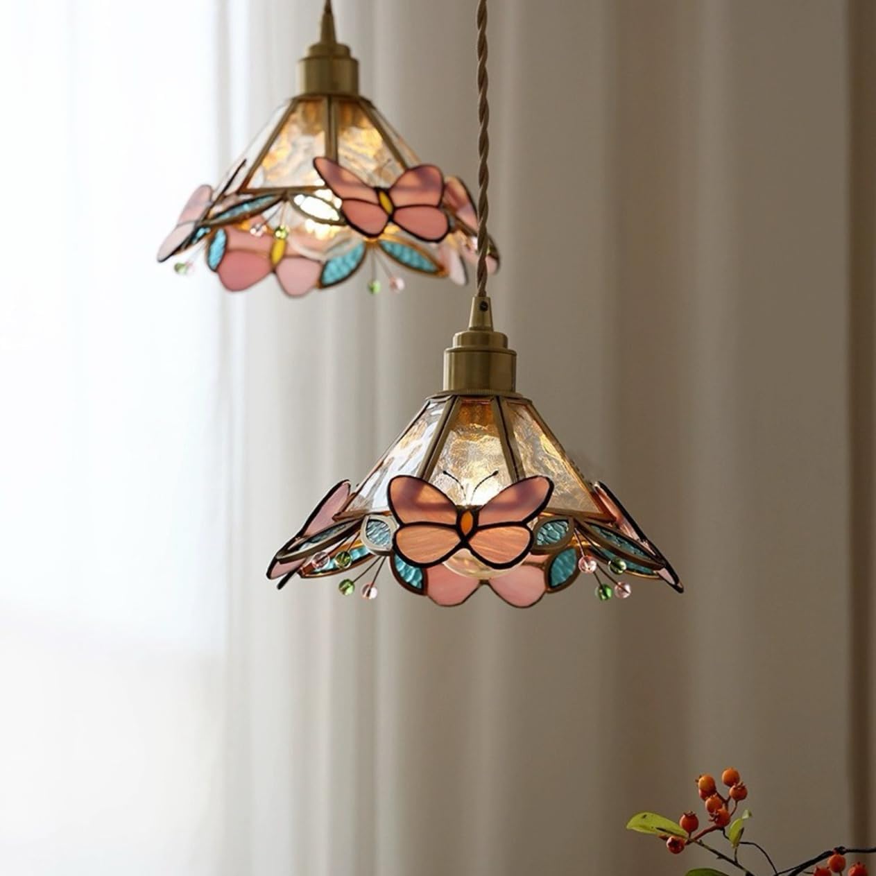 Tiffany Style Butterfly Pendant Light Pink Stained Glass Mini Pendant Lights for Kitchen Island Antique Hanging Ceiling Light with Brass Hanging Light Kit