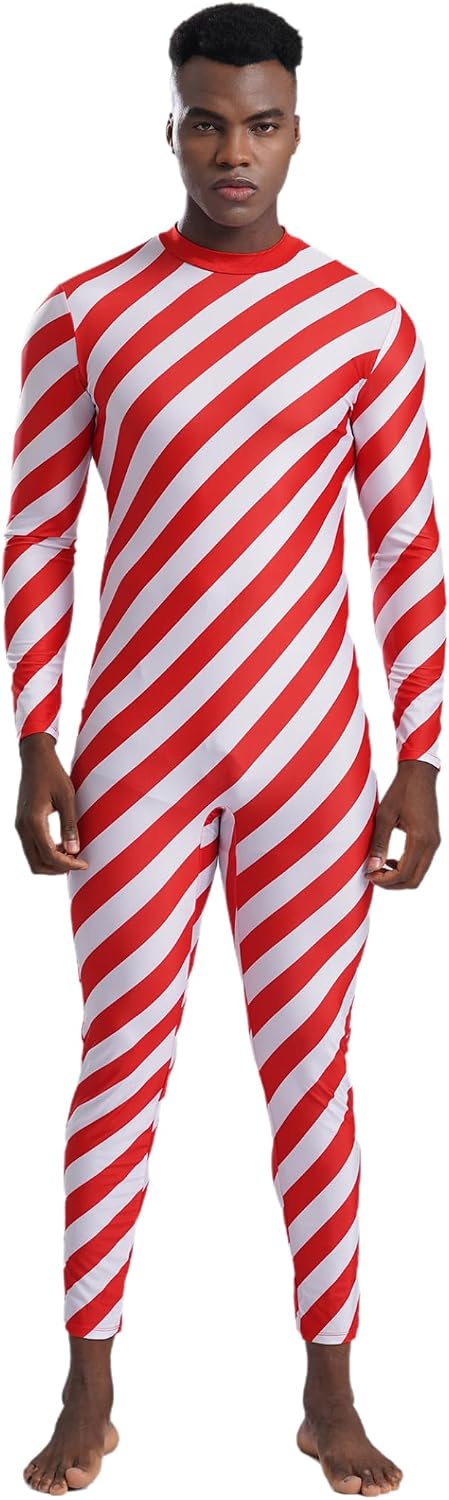 Yhong Mens Striped Leotard One Piece Full Body Bodysuit Christmas Candy Cane Cosplay Jumpsuit