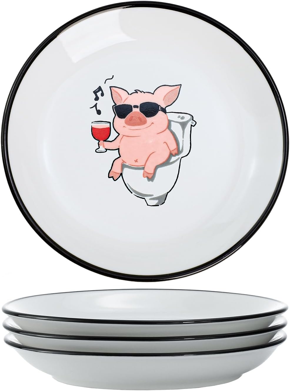 SOCOSY Cute and Funny Cartoon Pig Piggy Pattern Ceramic Seasoning Dishes Sauce Dish Sushi Dipping Bowl Appetizer Plates Tea Bag Holder Serving Dish for Kitchen, 5 Inch, Set of 4
