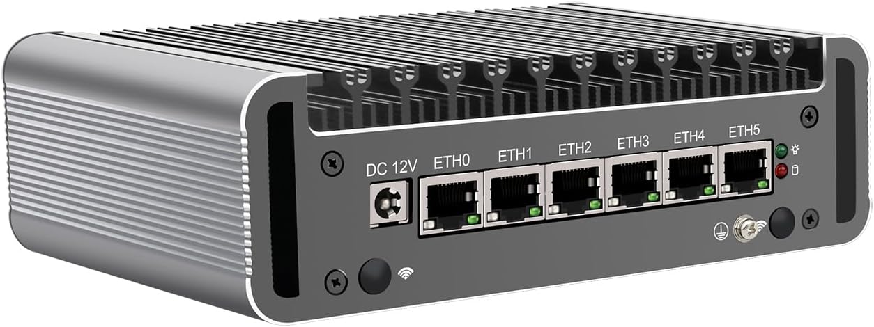 പിൻഭാഗം view of the HUNSN RJ05f mini firewall appliance, showing DC 12V power input, six Ethernet ports (ETH0-ETH5), and two USB 2.0 ports.