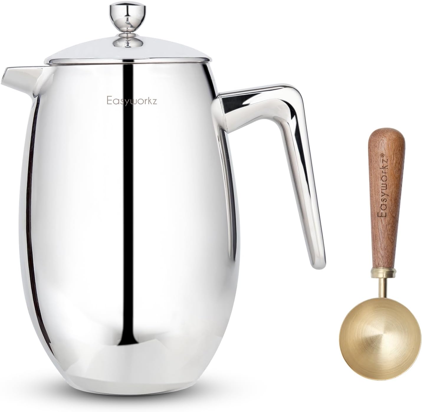 Easyworkz Nando French Press 34 oz Double Wall, Bundled with Retro Stainless Steel 10g Measuring Coffee Spoon, Brushed Gold