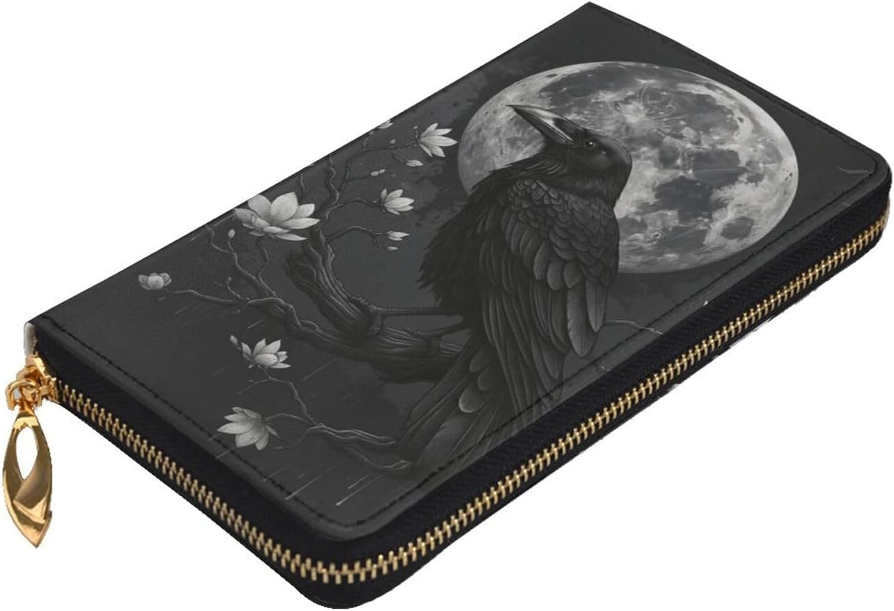 Gothic Moonlit Raven and Blossom Hand Held Wallet Large Capacity Leather Long Zipper Wallet