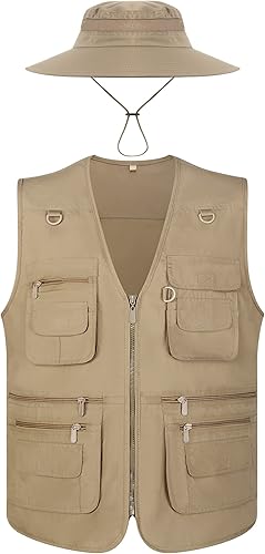 Janmercy Chaleco de pesca para hombre, 2 piezas, con sombrero, ligero, safari, viajes, caza, con múltiples bolsillos, sombrero de pesca (caqui