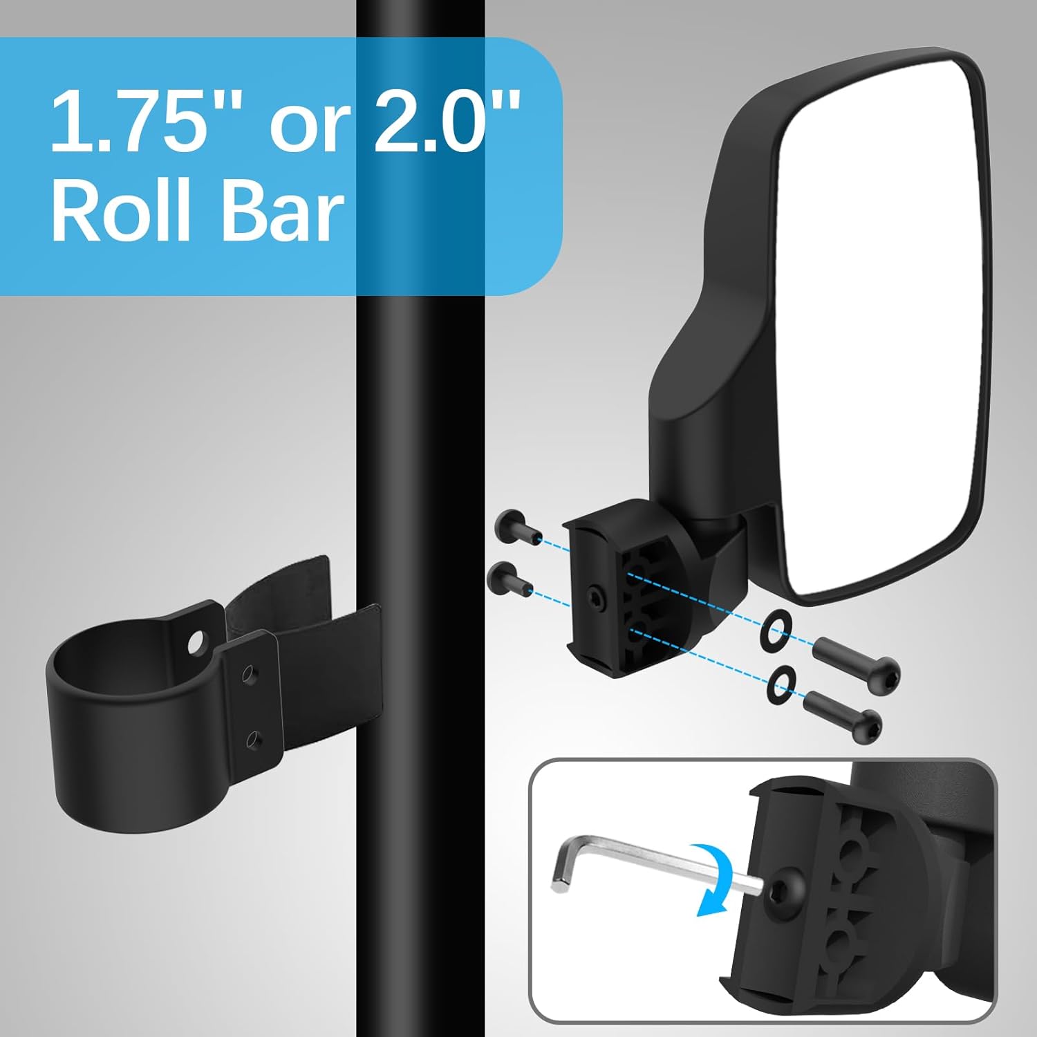 UTV Offroad Side Mirror And Center Mirror with 1.75" to 2" Roll Bar Cage Mount Adjustable Rear View Mirrors Compatible With Polaris RZR Honda Pioneer Yamaha Rhino Can-Am Maverick Commander