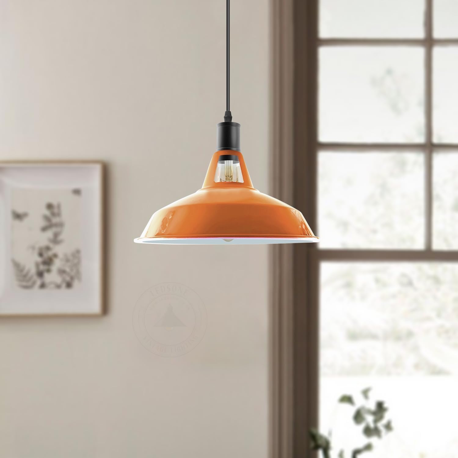 LEDSone 3Pack Industrial Pendant Lights Vintage Mini Brass Hanging Lamps with Orange Shade Rustic Farmhouse Lighting Fixtures for Kitchen Island Dining Room Hallway & E26 Bulb Base (Orange)