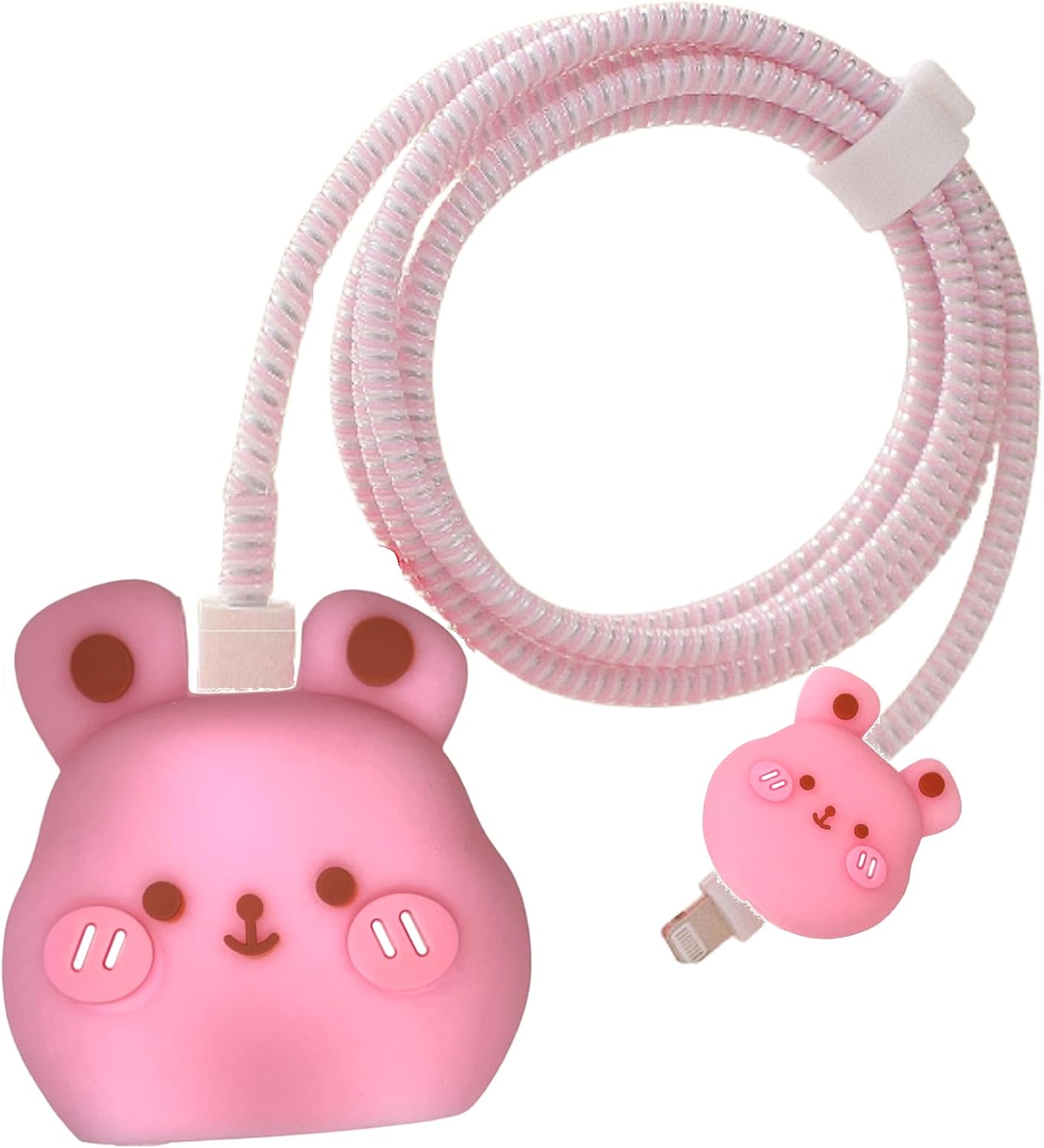 AUGEN Cartoon 3D Design Protective Case for 20W iPhone USB-C Power Adapter Charger, Cute Cartoon Lightning Data Cable Case for iPhone Charger (Teddy Pink, Pack of 1)