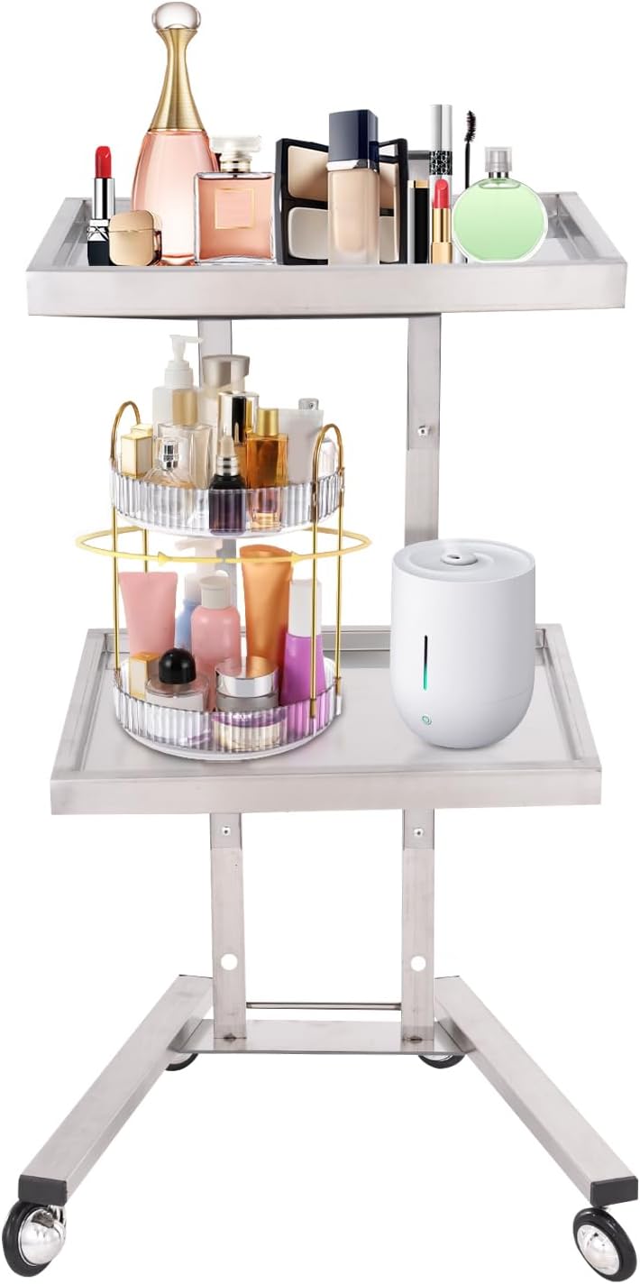 2-Tier Foldable Stainless Steel Utility Cart, Mobile Salon Trolley with Quiet Locking Wheels for Beauty Spa Kitchen Bathroom Home Organizer