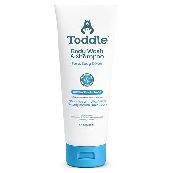 Toddle 3-in-1 Probiotic Baby Shampoo and Body Wash, Plant-Based Kids and Toddler Body Wash for Sensitive Skin with Aloe and Lactic Acid, Fragrance-Free, Pediatrician Tested, 8 oz