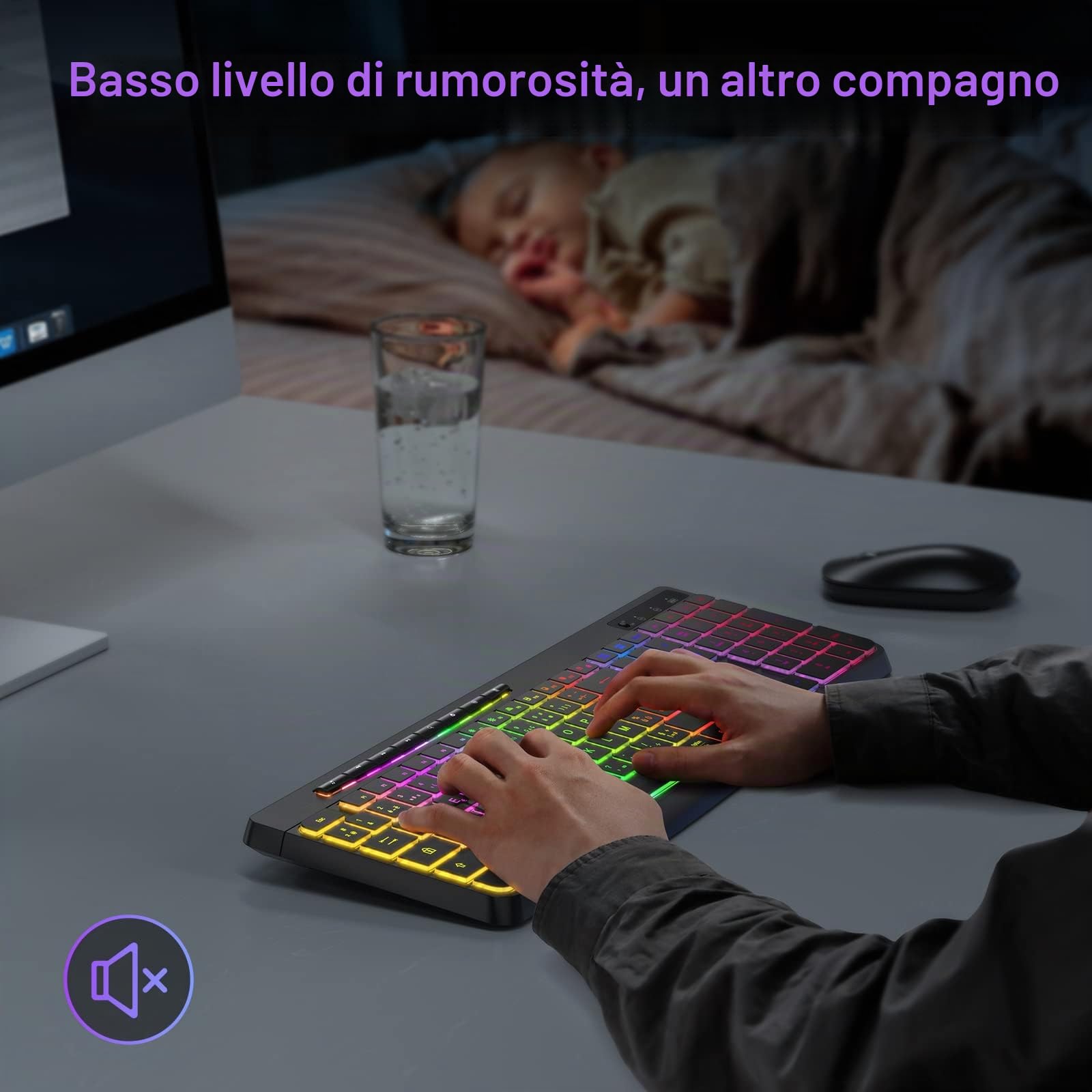 TECURS Tastiera Wireless Gaming France Italiana Pc Silenziosa Con Controllo Multimediale Retroilluminato, Ricaricabile USB Ergonomica