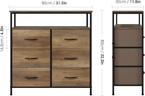 Miniatura 3 de URKNO Cómoda de 6 cajones cómoda de tela con estantes de madera de 2 niveles cómoda de almacenamiento industrial mesita de noche alta para armarios