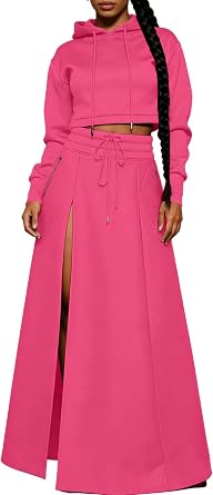 Womens 2 Piece Long Skirt Sets Cropped Hoodie Maxi Skirt Outfits