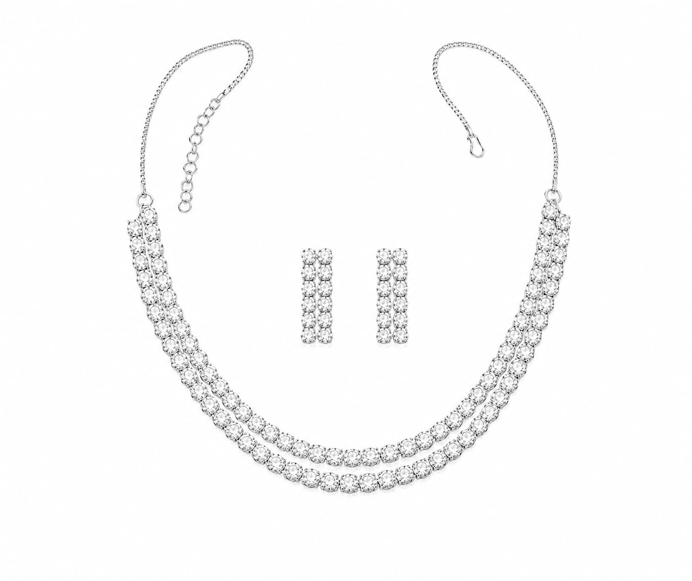 Double Layer Crystal Tennis Necklace Set for Women | Silver Tone Statement Jewelry with Matching Earrings | Elegant Party Jewellery-image-29