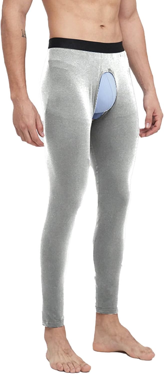 Men Open Front Thermal Underwear Leggings Base Layer Pants Cutout Crotch Thermal Running Tights