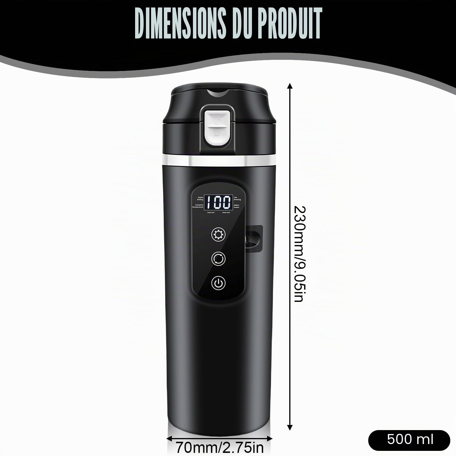 Bouilloire électrique pour voiture, tasse chauffante 500 ml, bouilloire de voyage, mini café électrique 12 V, réglage de la température variable jusqu'à 100 °C, pour camion, camping
