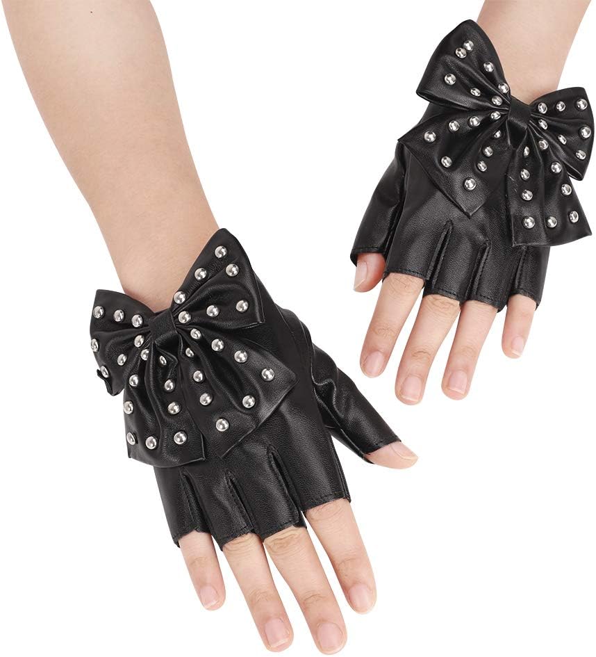 Women Punk Rock Big Bowknot PU Leather Stage Club Dance Half-Finger Gloves image 2