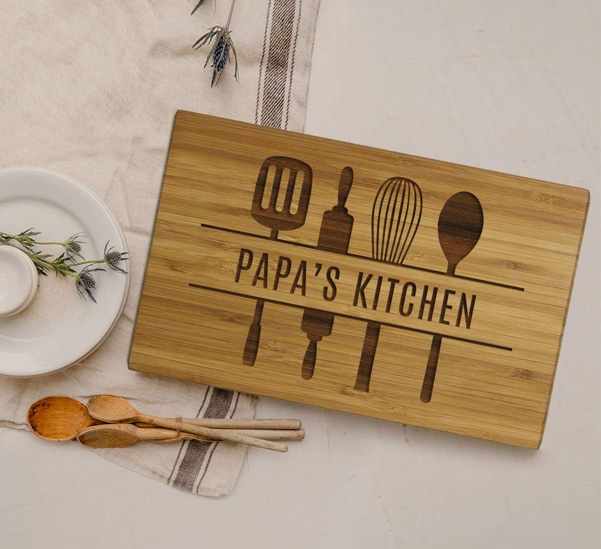 Andaz Press Large Bamboo Wood Cutting Board Gift, 17.75 x 11-inch, Papa's Kitchen, Utensils Graphic, 1-Pack, Laser Engraved Serving Chopping Board Christmas Birthday Chef Kitchen Ideas